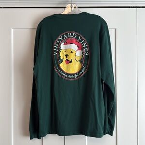 Vineyard Vines Dark Green Long Sleeve Holiday Tee with golden retriever